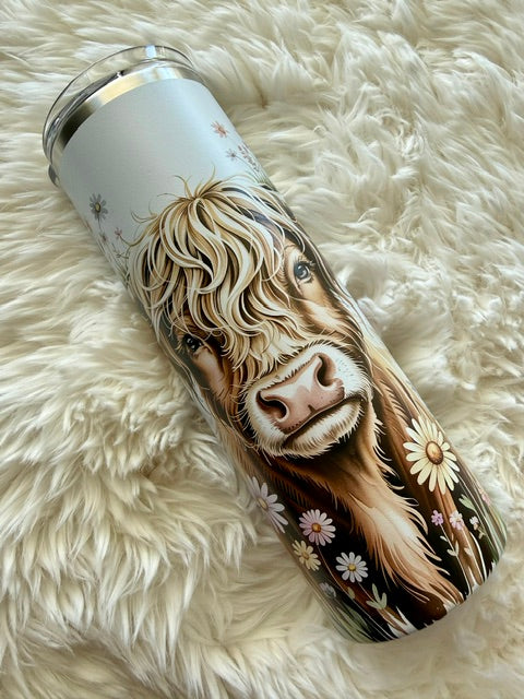 Highland cow w/ Flowers - 20oz Skinny tumbler