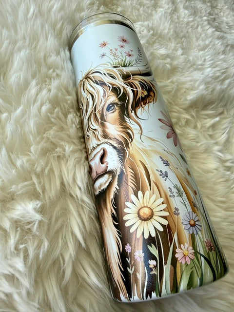 Highland cow w/ Flowers - 20oz Skinny tumbler
