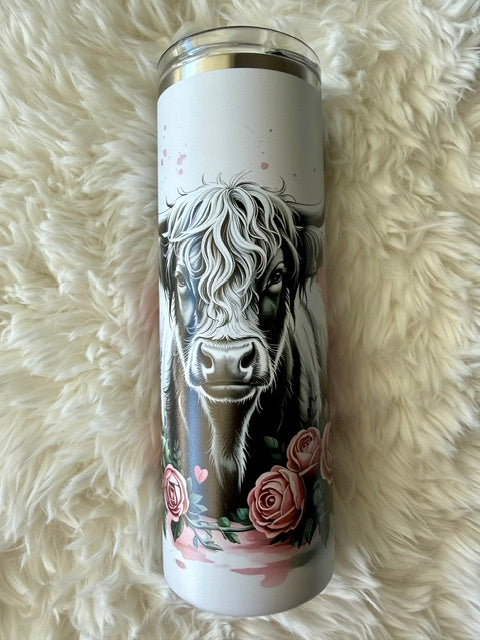 Highland cow with roses - 20oz Skinny tumbler - Powder coat - UV printed
