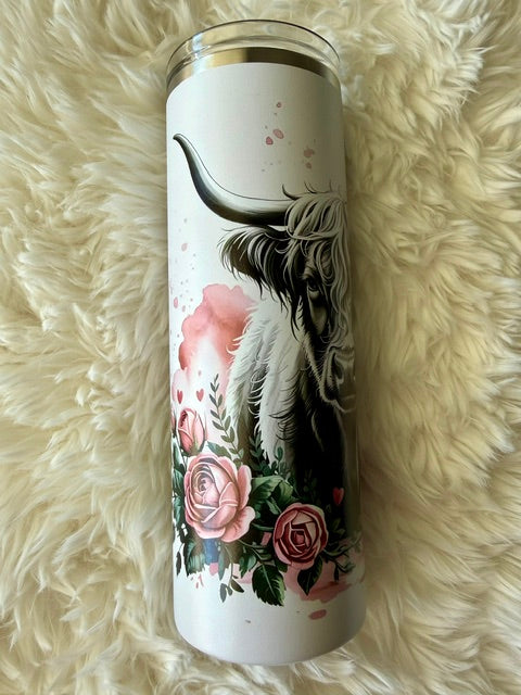 Highland cow with roses - 20oz Skinny tumbler - Powder coat - UV printed