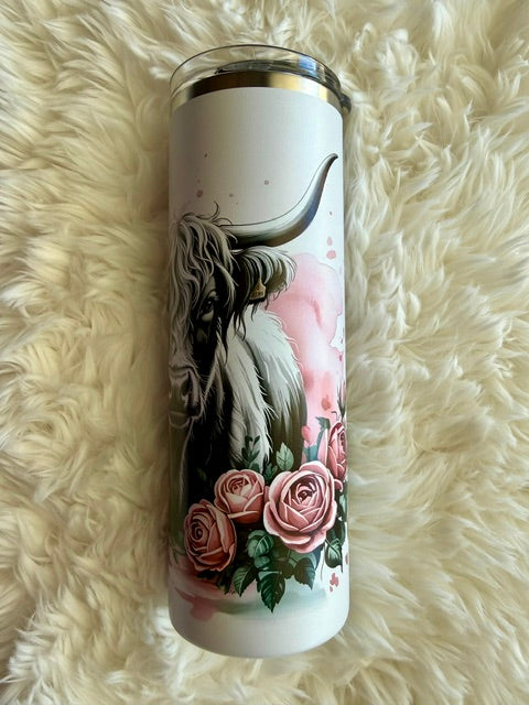 Highland cow with roses - 20oz Skinny tumbler - Powder coat - UV printed