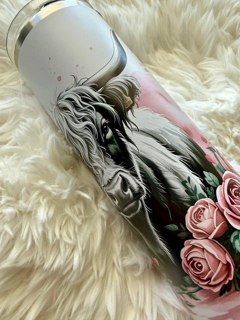 Highland cow with roses - 20oz Skinny tumbler - Powder coat - UV printed