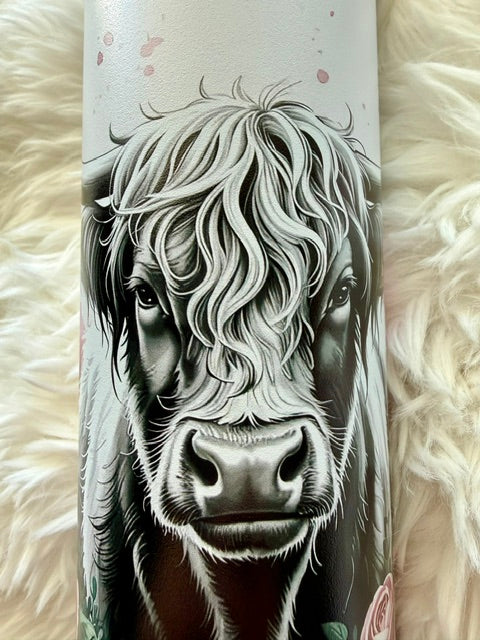 Highland cow with roses - 20oz Skinny tumbler - Powder coat - UV printed